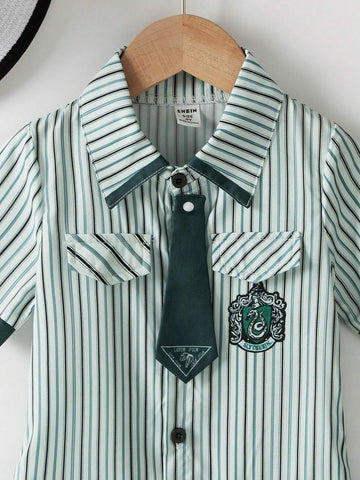 1pc Toddler's Casual Short Sleeve Collared Green Striped A-Line Dress With Button Front And Cinched Waist, Summer