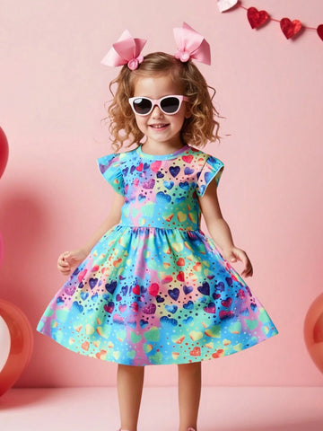 1pc Valentine's Day Girls Ruffled Waist Colorful Faux Sequin Heart Pattern Digital Printing Dress
