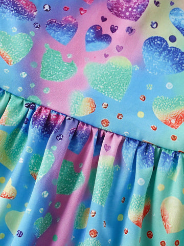 1pc Valentine's Day Girls Ruffled Waist Colorful Faux Sequin Heart Pattern Digital Printing Dress