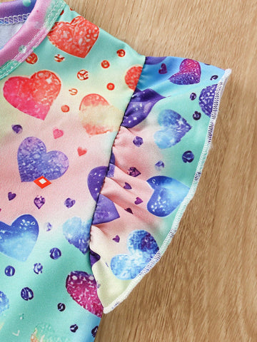 1pc Valentine's Day Girls Ruffled Waist Colorful Faux Sequin Heart Pattern Digital Printing Dress