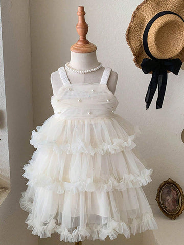 1pc White Girls' Casual Solid Color Puff Flower Comfortable Strap Cake Dress For Summer