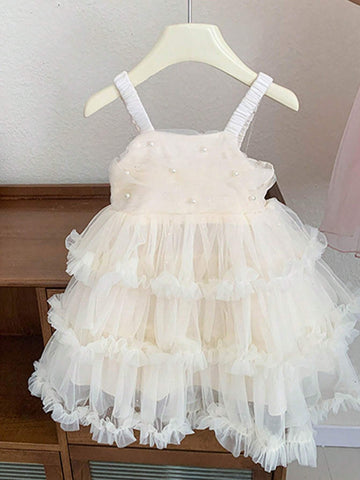 1pc White Girls' Casual Solid Color Puff Flower Comfortable Strap Cake Dress For Summer