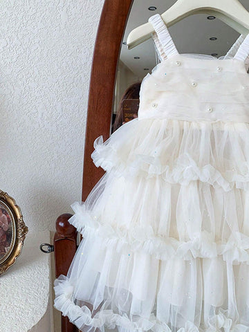 1pc White Girls' Casual Solid Color Puff Flower Comfortable Strap Cake Dress For Summer