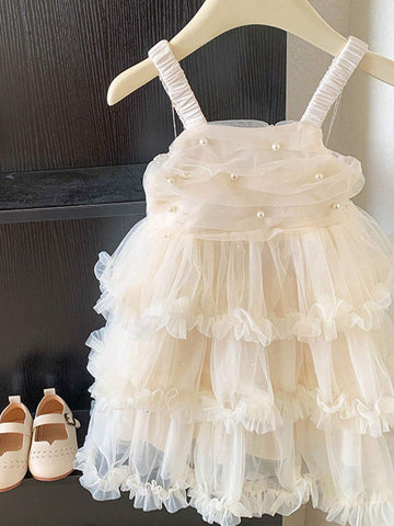 1pc White Girls' Casual Solid Color Puff Flower Comfortable Strap Cake Dress For Summer