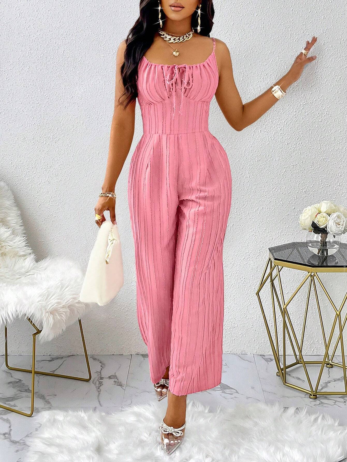 1pc Women Casual Sexy Textured Fabric Sleeveless Jumpsuit