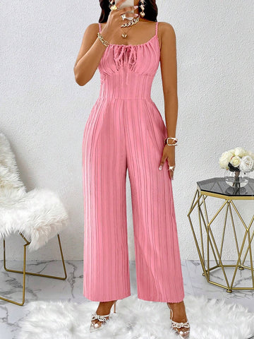 1pc Women Casual Sexy Textured Fabric Sleeveless Jumpsuit