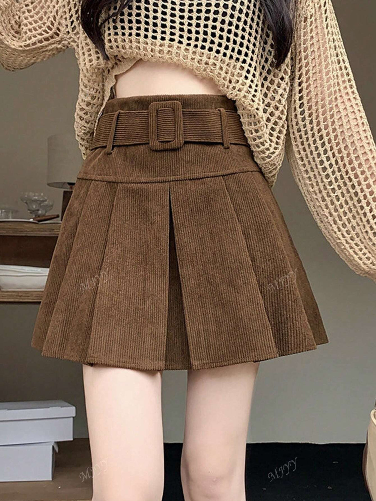 1pc Women Corduroy High Waist Pleated Mini Skirt, With Belt, Autumn/Winter