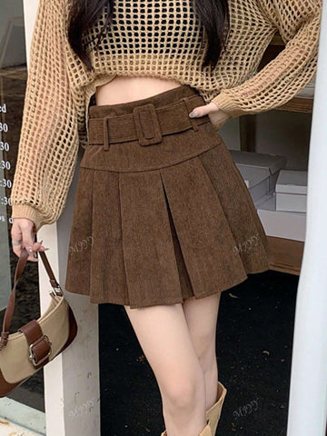 1pc Women Corduroy High Waist Pleated Mini Skirt, With Belt, Autumn/Winter