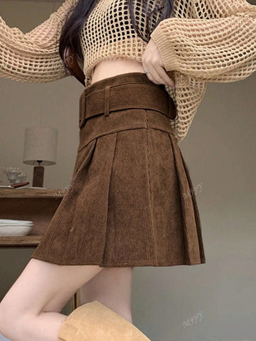 1pc Women Corduroy High Waist Pleated Mini Skirt, With Belt, Autumn/Winter