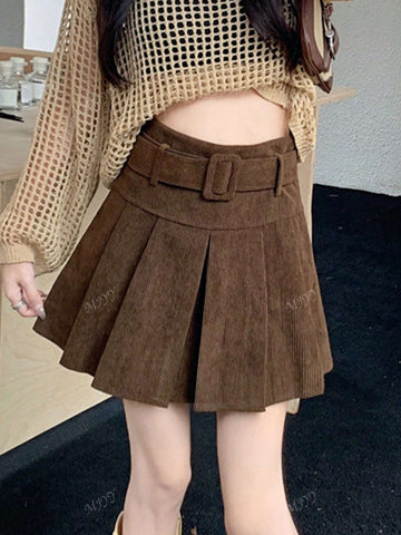 1pc Women Corduroy High Waist Pleated Mini Skirt, With Belt, Autumn/Winter