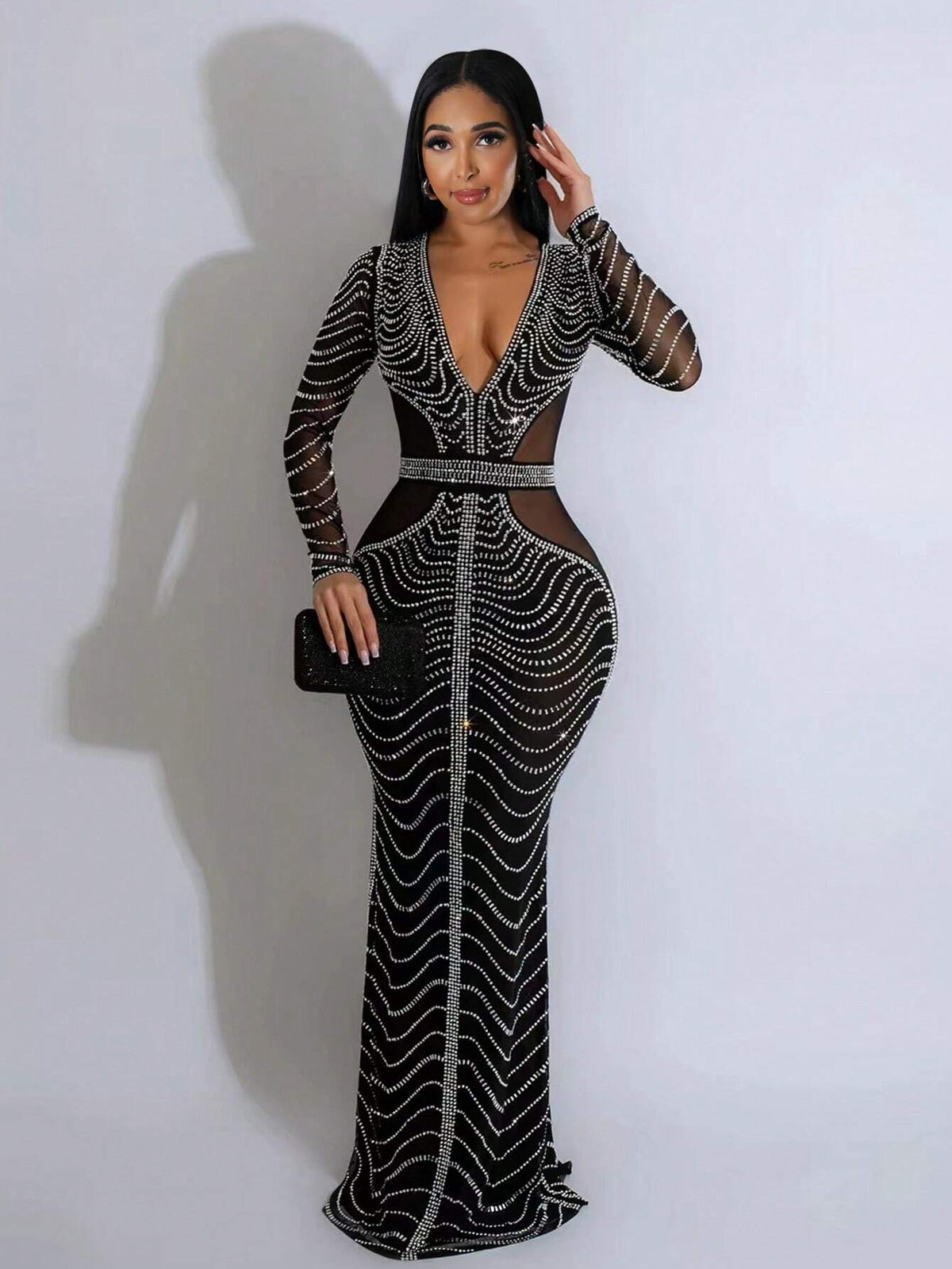 1pc Women Deep V-Neck Long Sleeve Mesh Panel Fishtail Hem Embellished Rhinestone Sparkle Dress