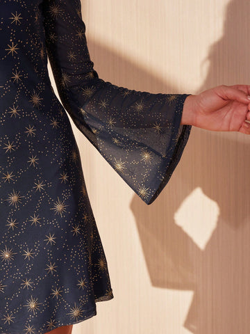 1pc Women Elegant Floral Print Long Sleeve A-Line Mini Dress, Flattering And Versatile Design, Autumn