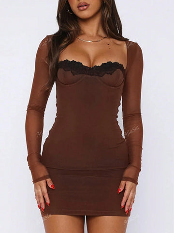 1pc Women Elegant Long Sleeve Lace Trim Bodycon Mini Dress