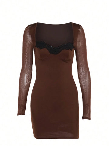 1pc Women Elegant Long Sleeve Lace Trim Bodycon Mini Dress
