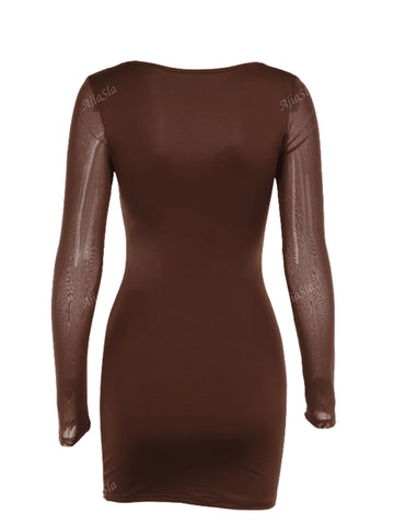 1pc Women Elegant Long Sleeve Lace Trim Bodycon Mini Dress