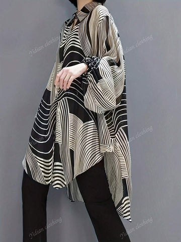 1pc Women Fashion Korean Style Striped Button Down Long Sleeve Shirt, Casual Everyday Wear