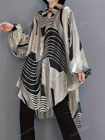 1pc Women Fashion Korean Style Striped Button Down Long Sleeve Shirt, Casual Everyday Wear