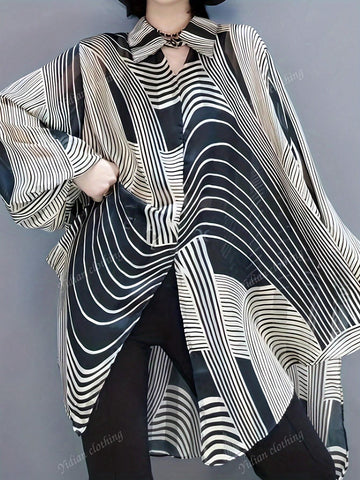 1pc Women Fashion Korean Style Striped Button Down Long Sleeve Shirt, Casual Everyday Wear