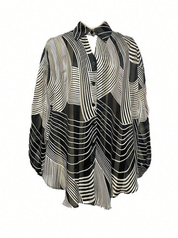 1pc Women Fashion Korean Style Striped Button Down Long Sleeve Shirt, Casual Everyday Wear