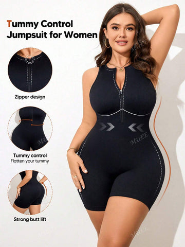 1pc Women Fashion Ribbed Seamless Romper Unitard With Front Zipper, Abdomen Control, Sleeveless