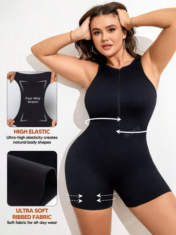 1pc Women Fashion Ribbed Seamless Romper Unitard With Front Zipper, Abdomen Control, Sleeveless