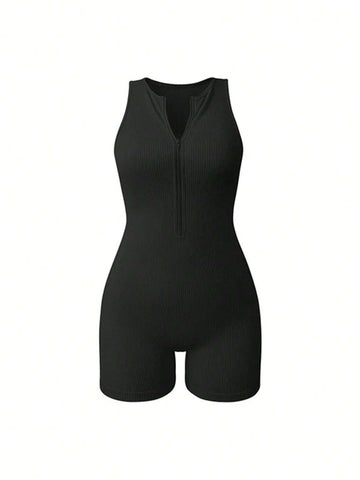 1pc Women Fashion Ribbed Seamless Romper Unitard With Front Zipper, Abdomen Control, Sleeveless