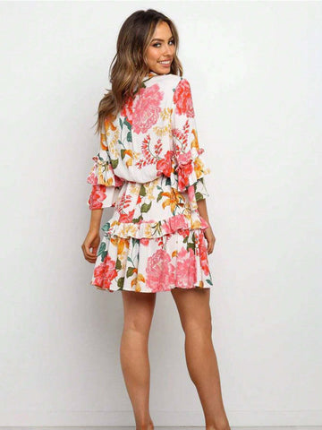 1pc Women Floral Print Crew Neck Long Sleeve Casual Dress