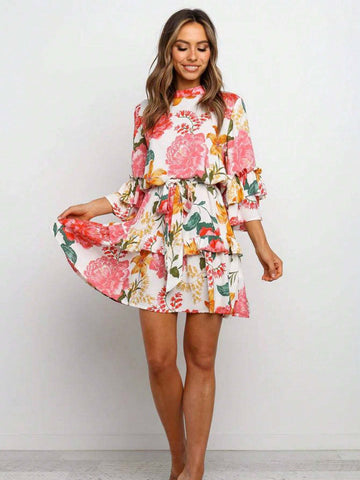 1pc Women Floral Print Crew Neck Long Sleeve Casual Dress