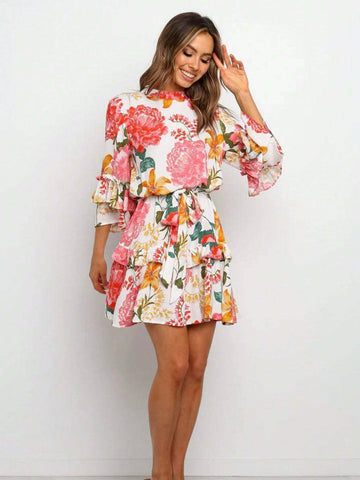 1pc Women Floral Print Crew Neck Long Sleeve Casual Dress