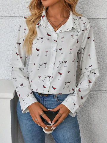 1pc Women Front Button Long Sleeve All-Over Print Casual Shirt