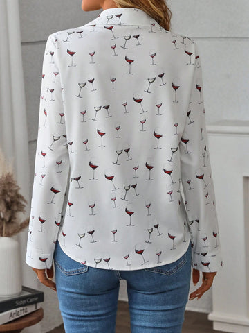 1pc Women Front Button Long Sleeve All-Over Print Casual Shirt