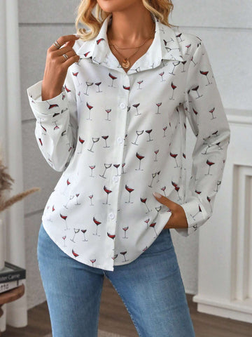 1pc Women Front Button Long Sleeve All-Over Print Casual Shirt