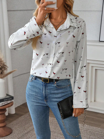 1pc Women Front Button Long Sleeve All-Over Print Casual Shirt