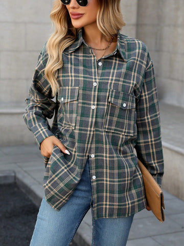 1pc Women Front Button Shirt Collar Long Sleeve Plaid Casual Blouse Top, Daily Wear
