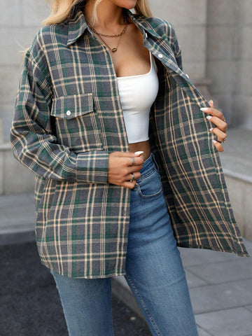 1pc Women Front Button Shirt Collar Long Sleeve Plaid Casual Blouse Top, Daily Wear