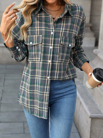 1pc Women Front Button Shirt Collar Long Sleeve Plaid Casual Blouse Top, Daily Wear