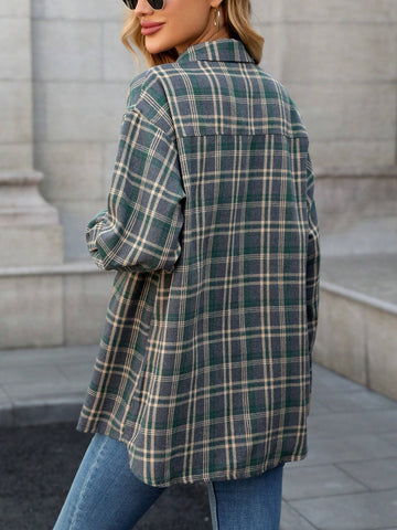 1pc Women Front Button Shirt Collar Long Sleeve Plaid Casual Blouse Top, Daily Wear