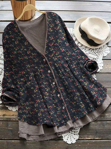 1pc Women Irregular Print Cardigan Shirt, Loose Long Sleeve Linen Top, Autumn/Winter