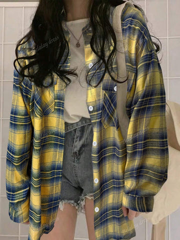 1pc Women Regular Fit Casual Plaid Button-Down Long Sleeve Shirt