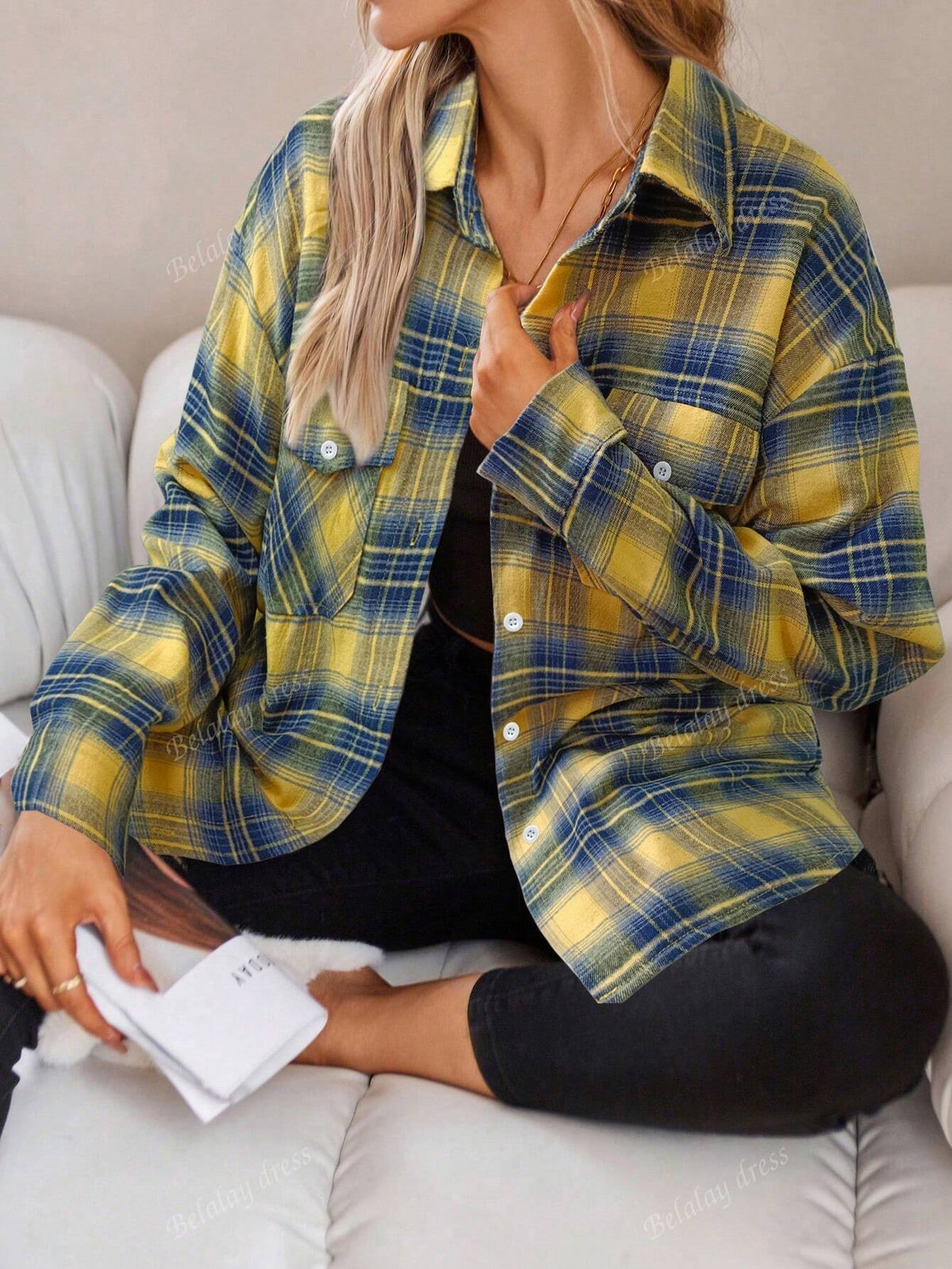 1pc Women Regular Fit Casual Plaid Button-Down Long Sleeve Shirt