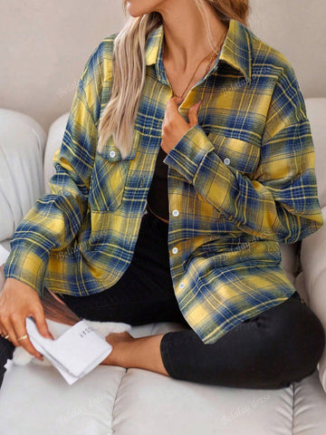 1pc Women Regular Fit Casual Plaid Button-Down Long Sleeve Shirt