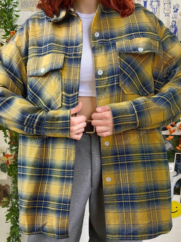 1pc Women Regular Fit Casual Plaid Button-Down Long Sleeve Shirt