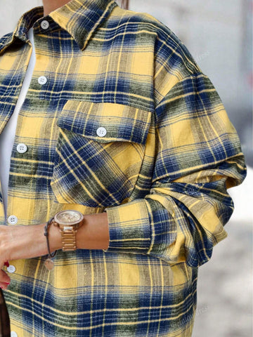 1pc Women Regular Fit Casual Plaid Button-Down Long Sleeve Shirt