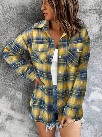 1pc Women Regular Fit Casual Plaid Button-Down Long Sleeve Shirt