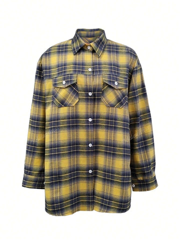1pc Women Regular Fit Casual Plaid Button-Down Long Sleeve Shirt