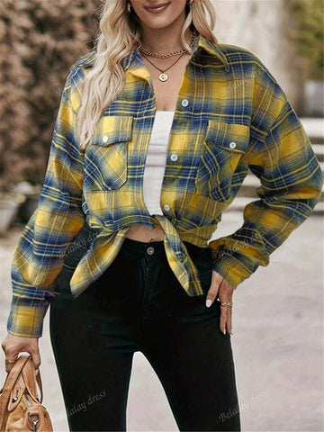 1pc Women Regular Fit Casual Plaid Button-Down Long Sleeve Shirt