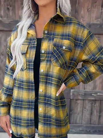 1pc Women Regular Fit Casual Plaid Button-Down Long Sleeve Shirt