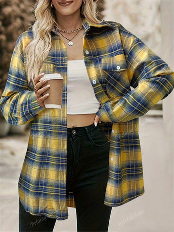 1pc Women Regular Fit Casual Plaid Button-Down Long Sleeve Shirt