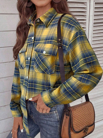 1pc Women Regular Fit Casual Plaid Button-Down Long Sleeve Shirt