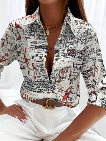 1pc Women Regular Fit Loose Long Sleeve Printed Blouse